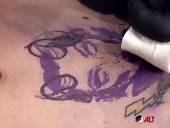 Vanessa Skye deepthroats a cock after getting tattooed