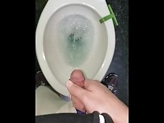 pissing in a clean spotless toilet with blue cleaner at work